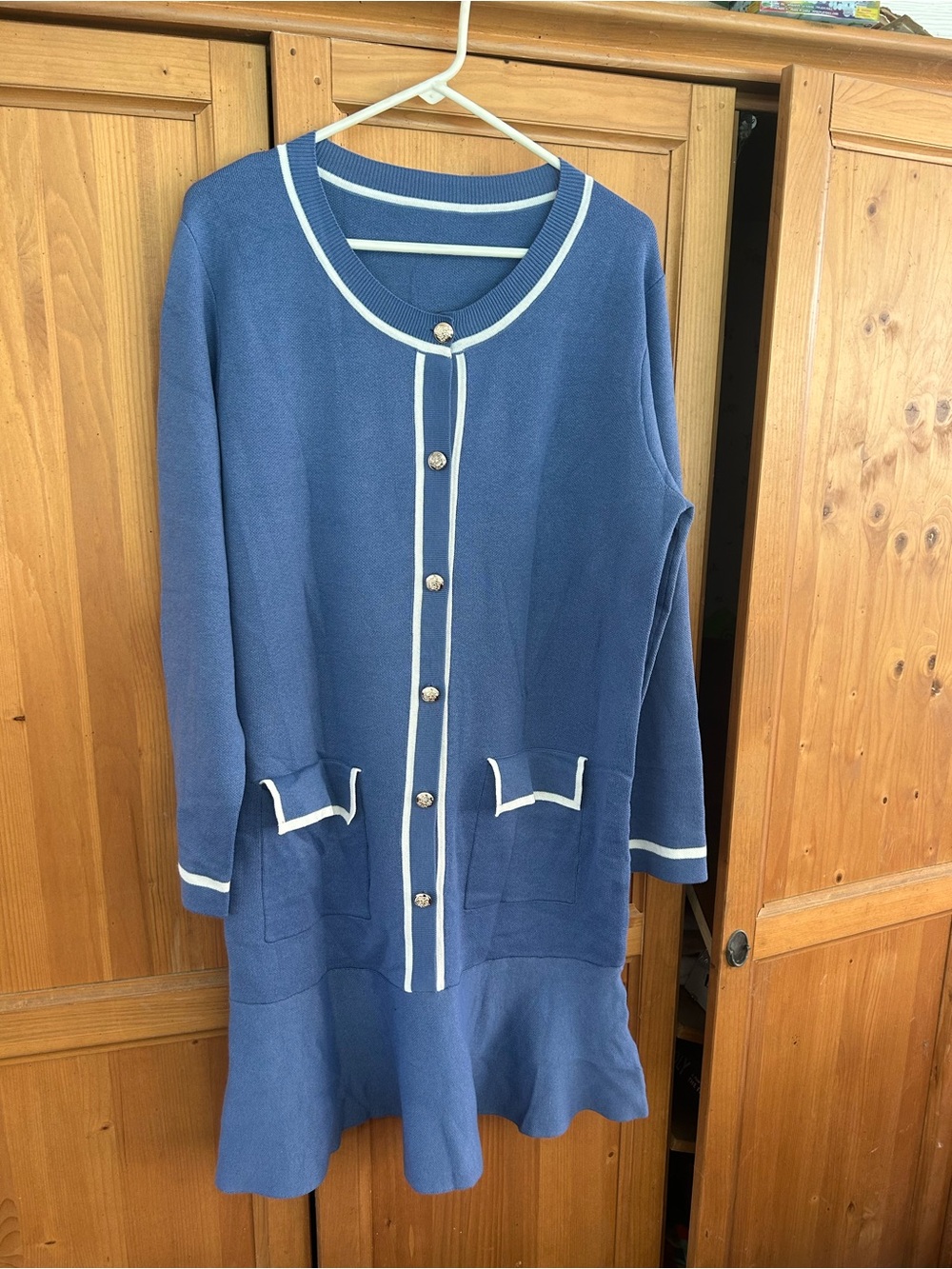 Blue Contrast-Trim Women’s Knit Cardigan Dress